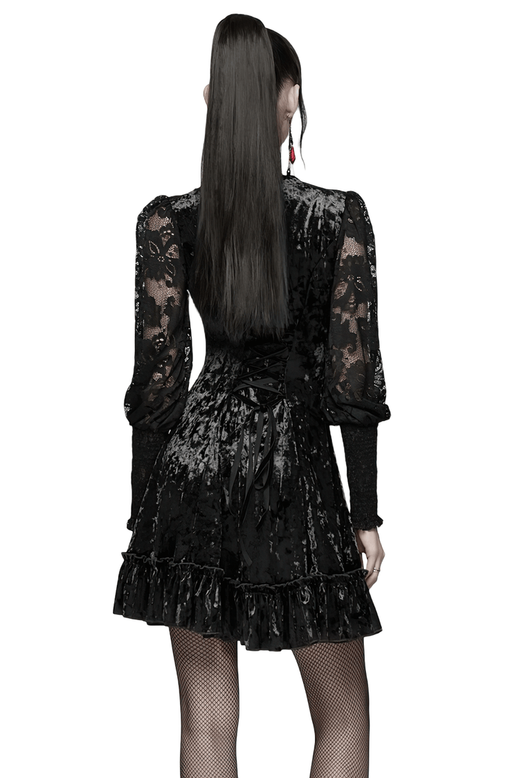 Gothic Velvet Lace Mini Dress with Lantern Sleeves - image 2
