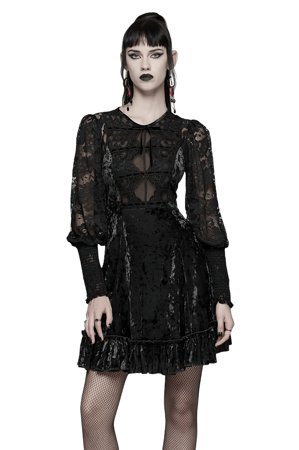 Gothic Velvet Lace Mini Dress with Lantern Sleeves - image 1