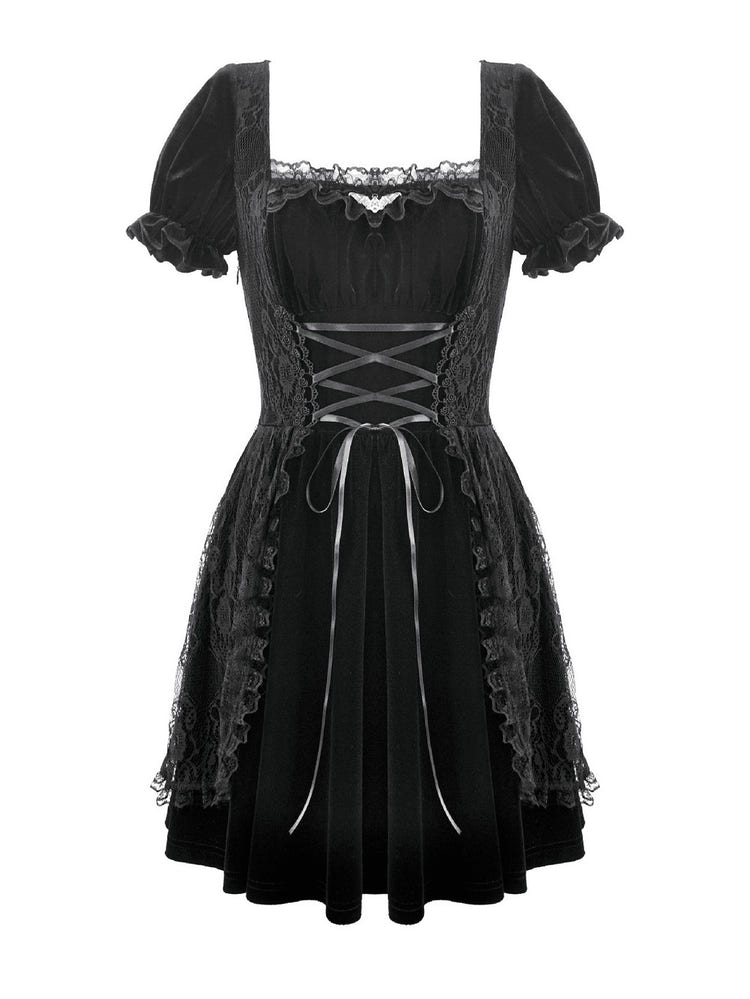 Gothicのビロードは女性のためのパフの袖の小型服をひもで締めます 商品画像