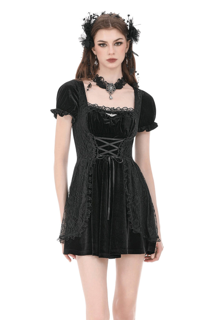 Gothicのビロードは女性のためのパフの袖の小型服をひもで締めます 商品画像