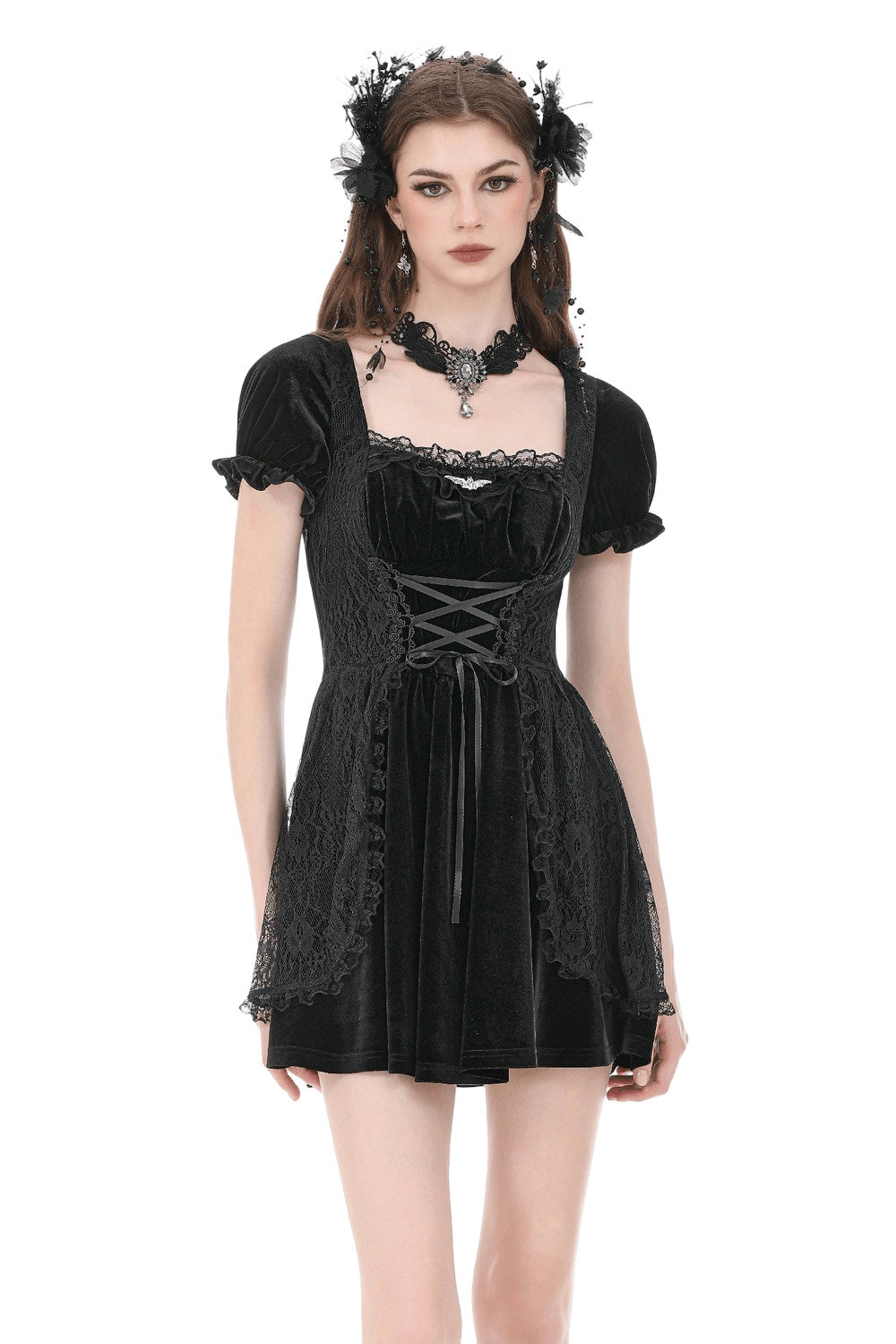 Gothicのビロードは女性のためのパフの袖の小型服をひもで締めます 商品画像
