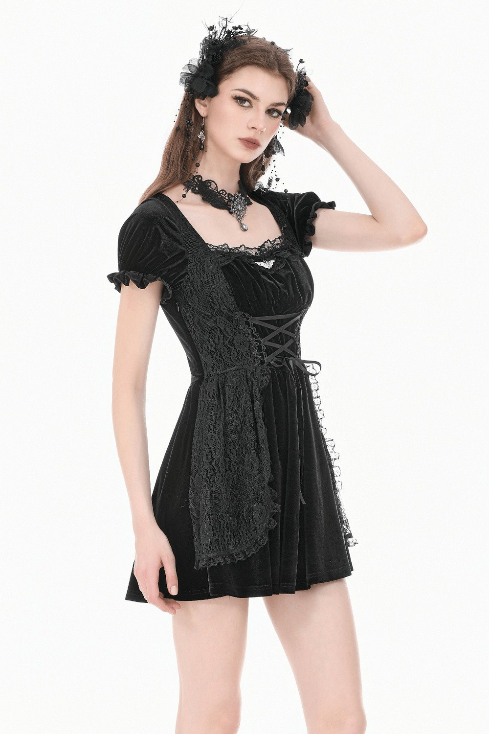 Gothicのビロードは女性のためのパフの袖の小型服をひもで締めます 商品画像