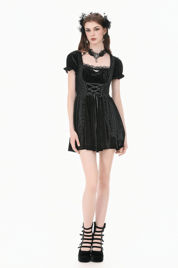 Gothicのビロードは女性のためのパフの袖の小型服をひもで締めます 商品画像