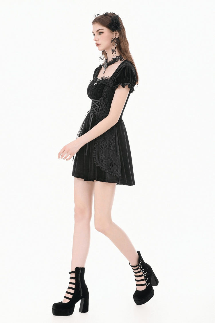 Gothicのビロードは女性のためのパフの袖の小型服をひもで締めます 商品画像