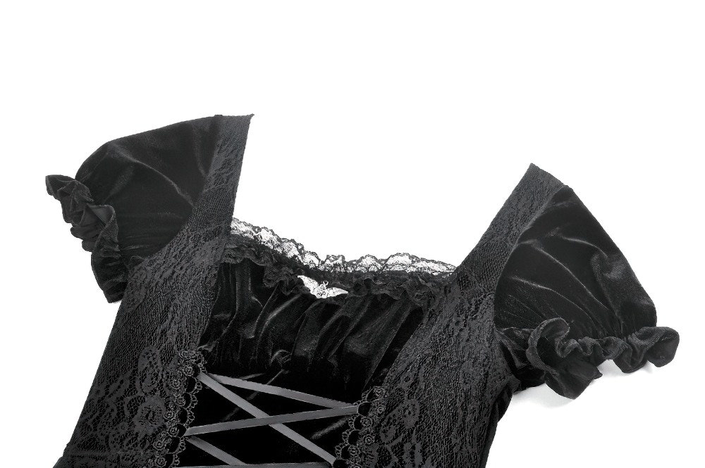 Gothicのビロードは女性のためのパフの袖の小型服をひもで締めます 商品画像