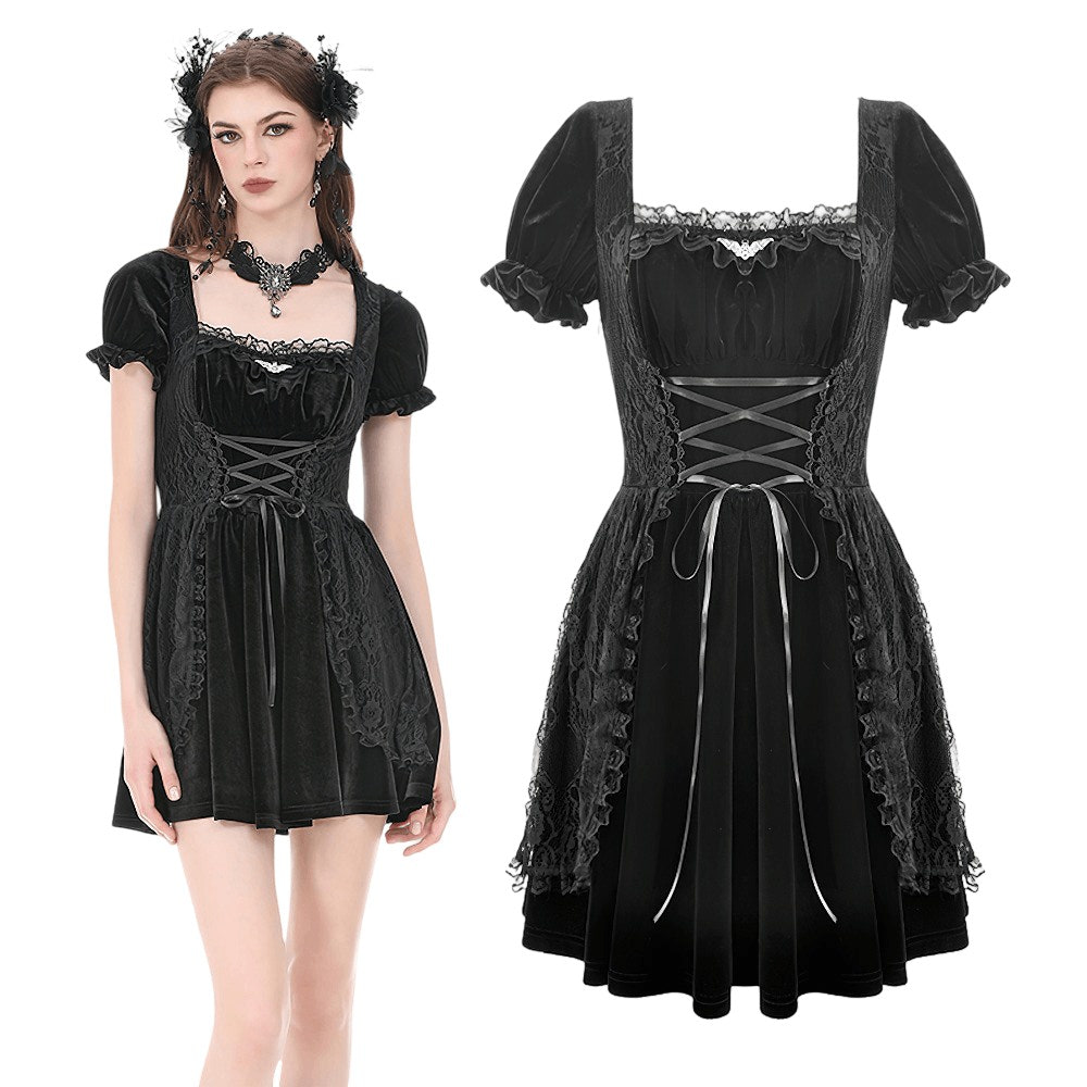 Gothicのビロードは女性のためのパフの袖の小型服をひもで締めます 商品画像