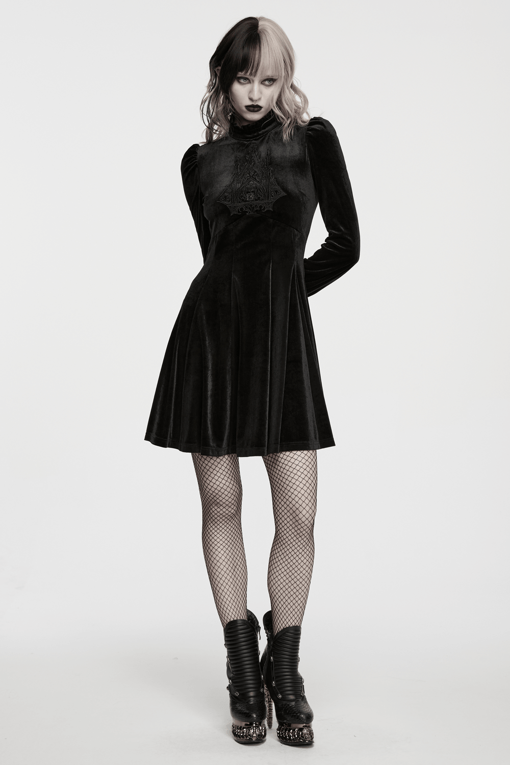 Gothic Velvet Mini Dress with Cathedral Embroidery - image 13