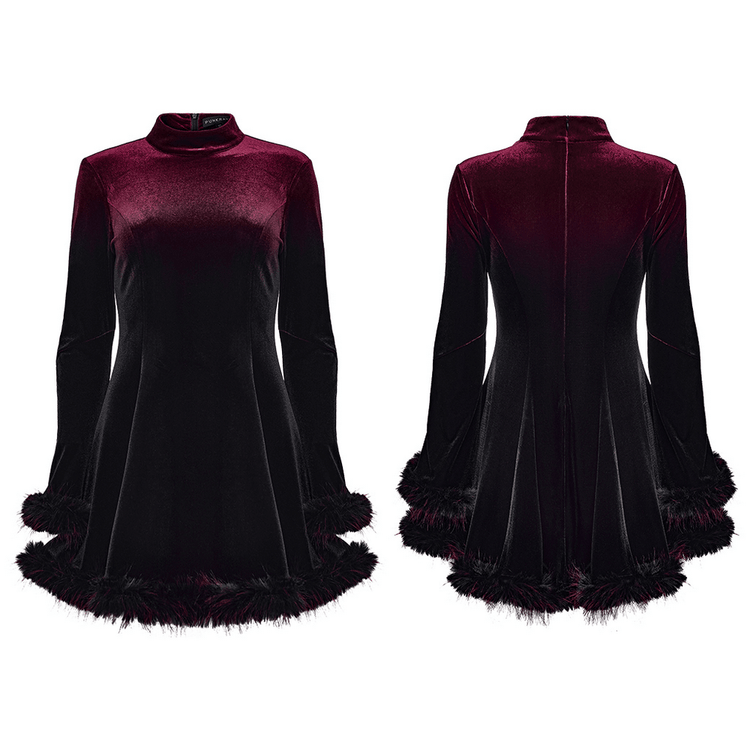 Gothic Velvet Mini Dress with Feather Trim and Zipper - image 3