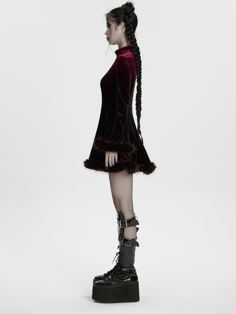 Gothic Velvet Mini Dress with Feather Trim and Zipper - image 11