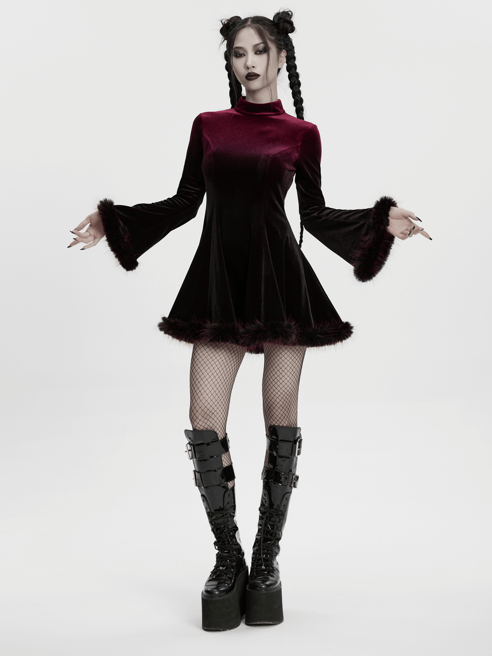 Gothic Velvet Mini Dress with Feather Trim and Zipper - image 12