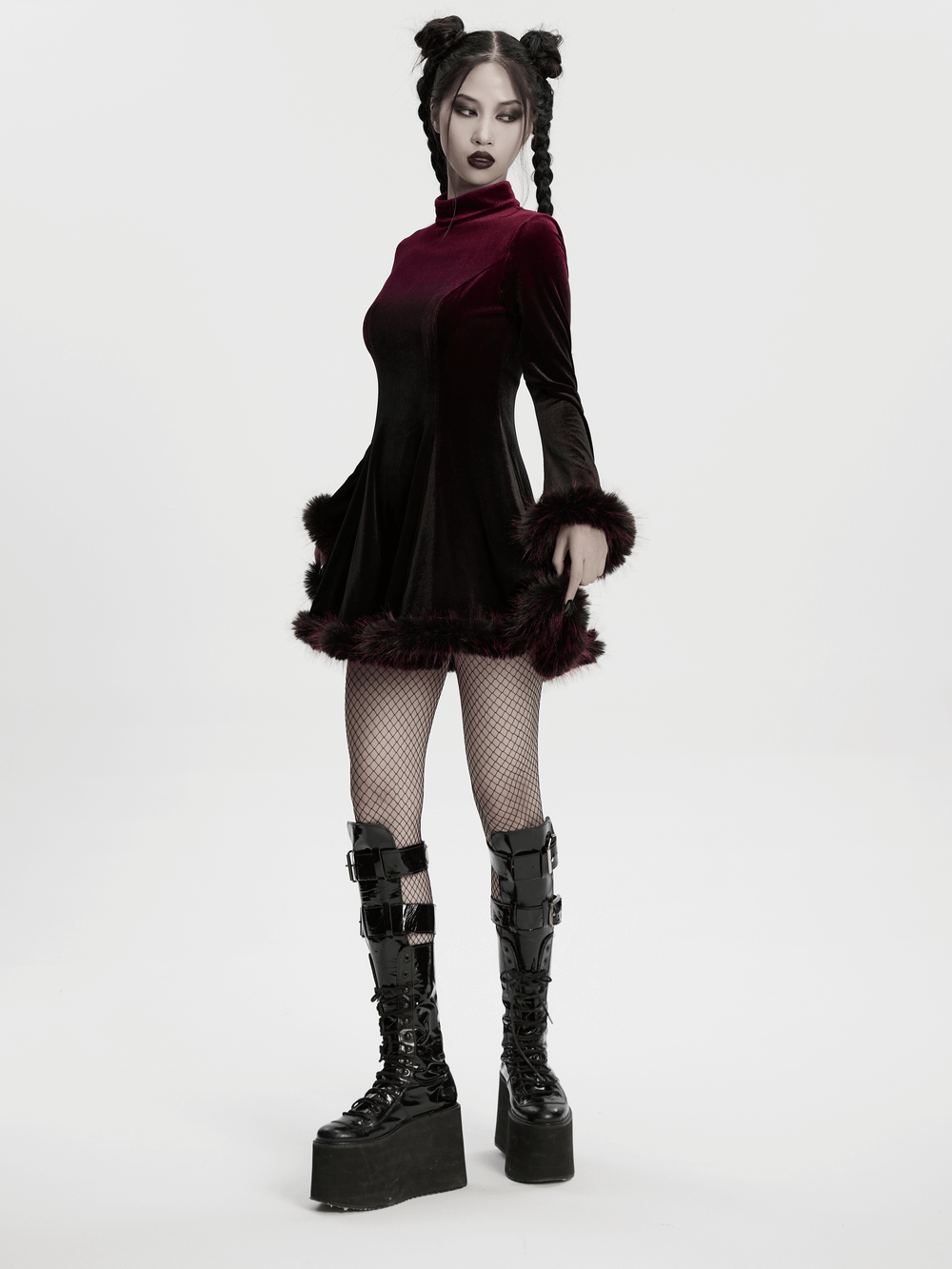 Gothic Velvet Mini Dress with Feather Trim and Zipper - image 13