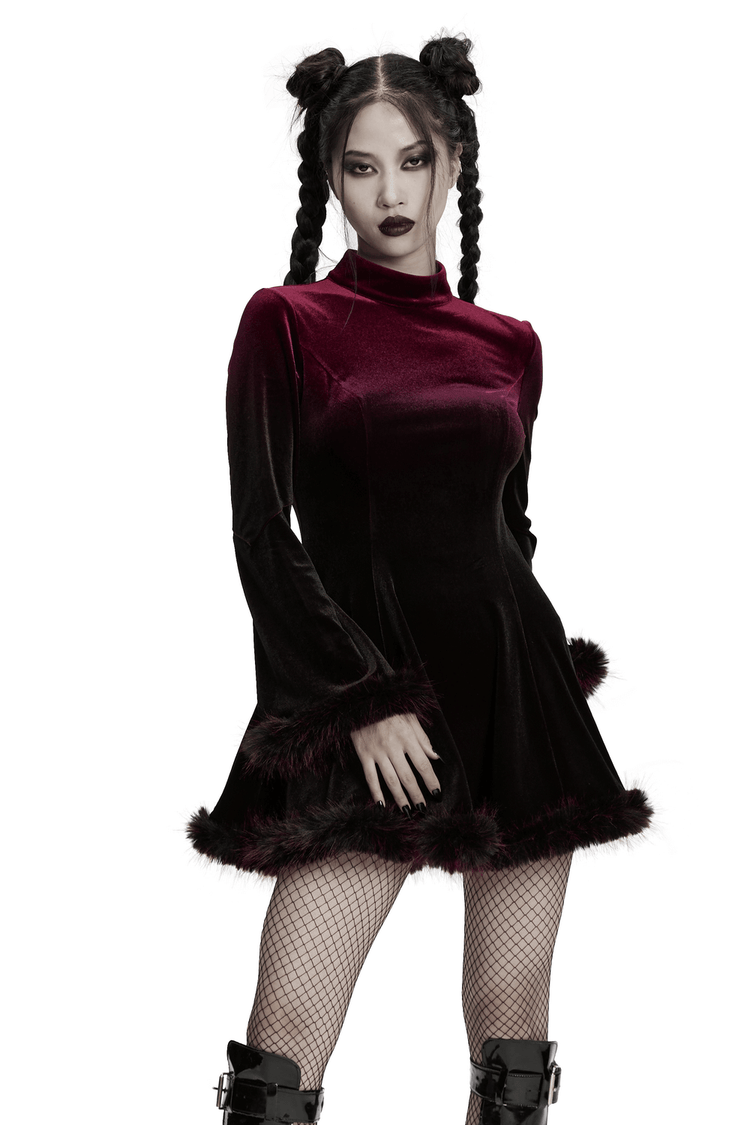 Gothic Velvet Mini Dress with Feather Trim and Zipper - image 1
