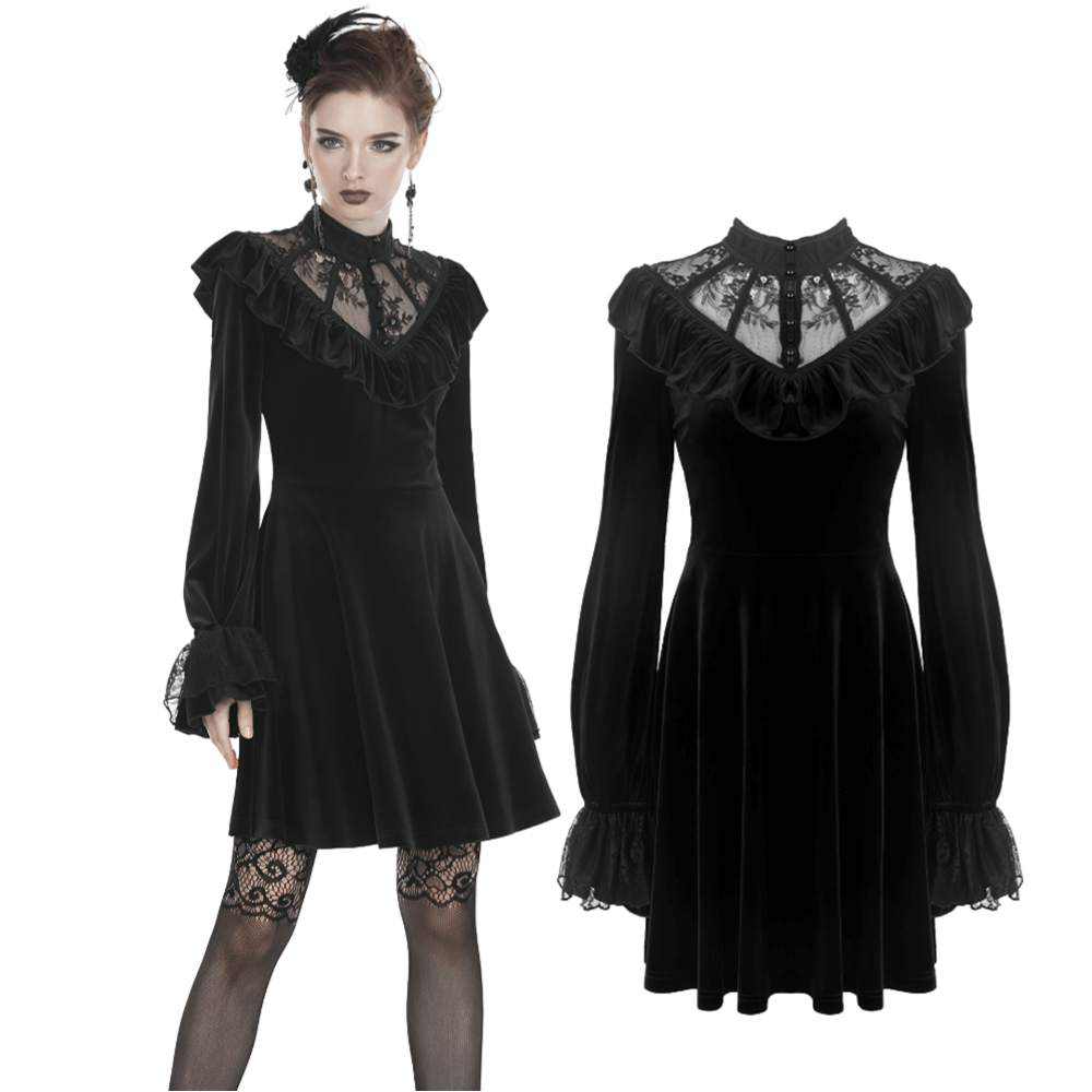 Gothic Velvet Mini Dress with Lace Collar and Long Sleeves - image 3