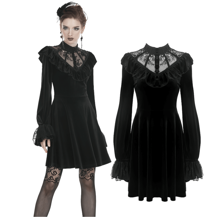 Gothic Velvet Mini Dress with Lace Collar and Long Sleeves - image 3