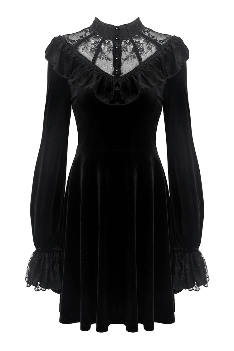 Gothic Velvet Mini Dress with Lace Collar and Long Sleeves - image 4