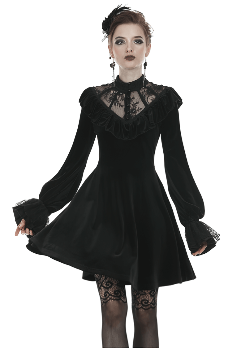 Gothic Velvet Mini Dress with Lace Collar and Long Sleeves - image 1