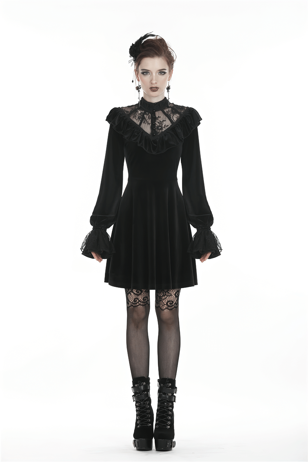 Gothic Velvet Mini Dress with Lace Collar and Long Sleeves - image 13