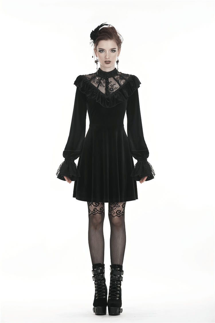 Gothic Velvet Mini Dress with Lace Collar and Long Sleeves - image 13