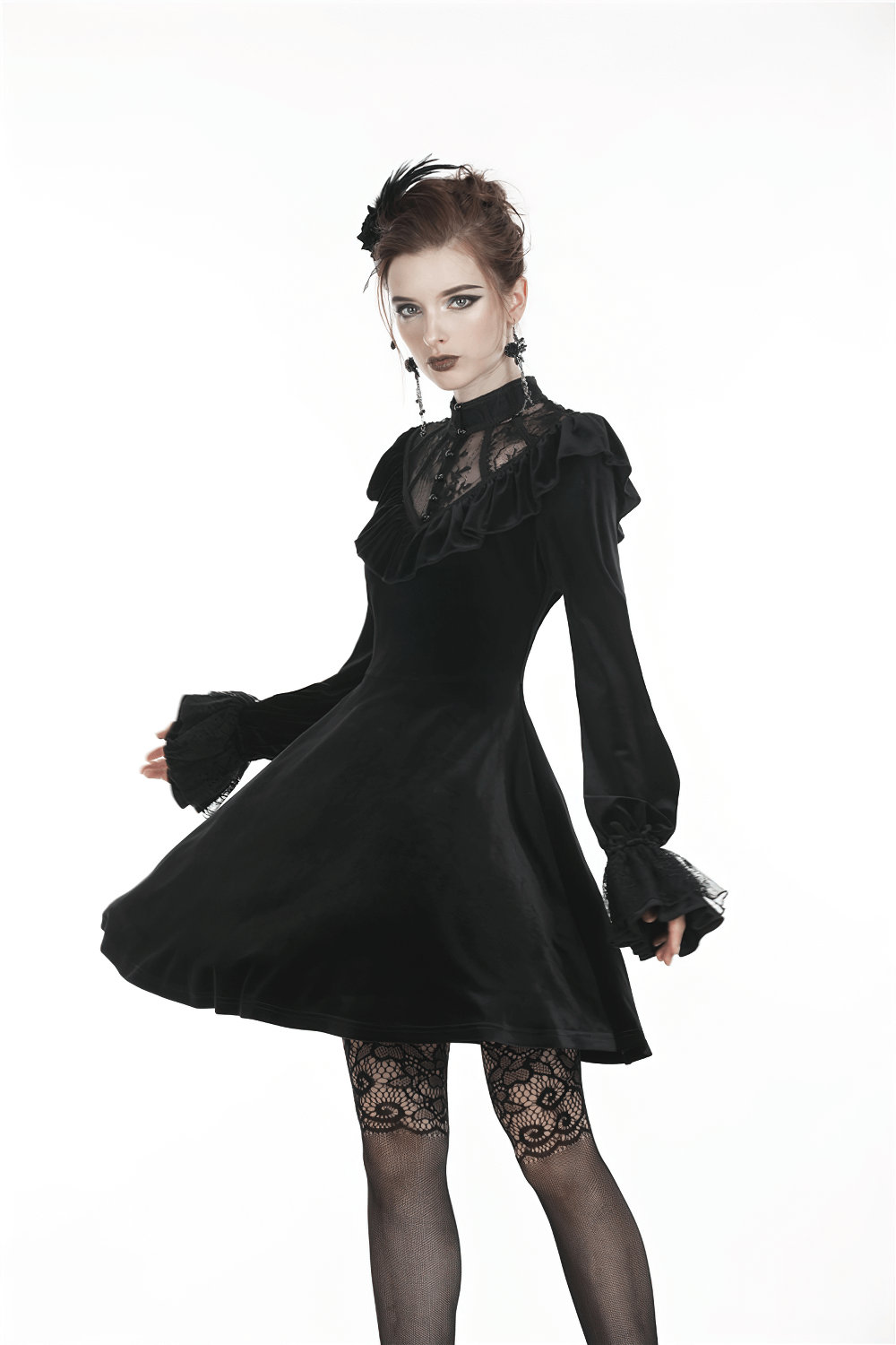 Gothic Velvet Mini Dress with Lace Collar and Long Sleeves - image 10