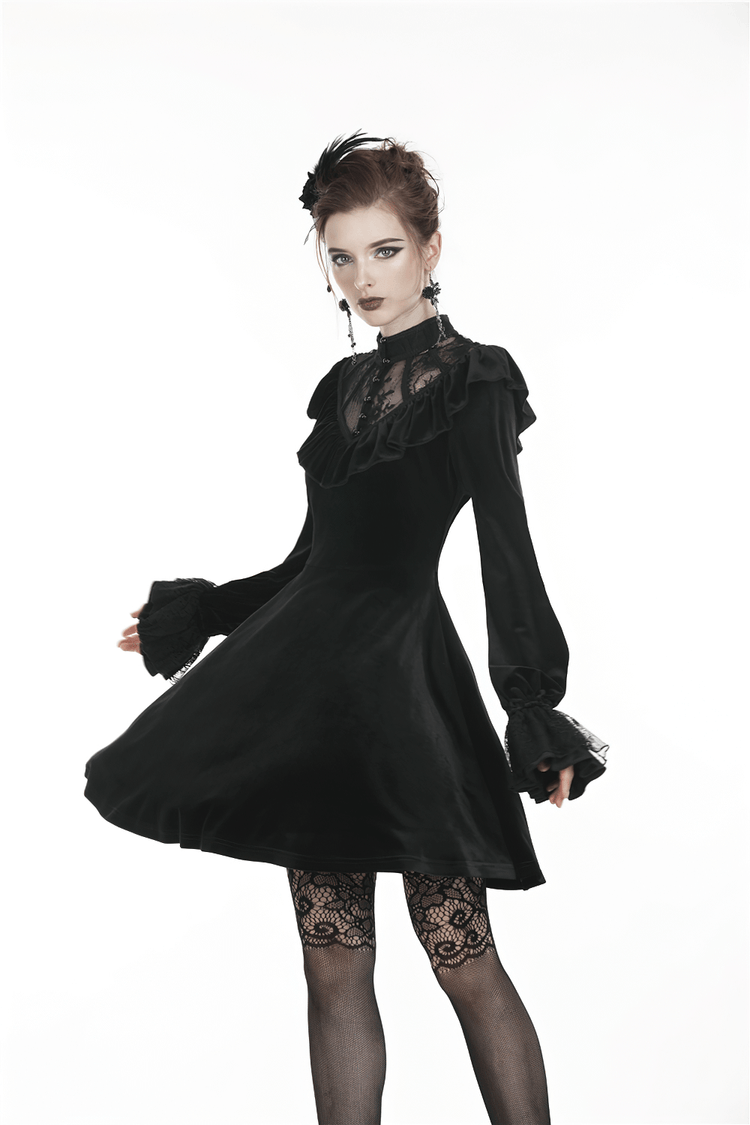 Gothic Velvet Mini Dress with Lace Collar and Long Sleeves - image 10