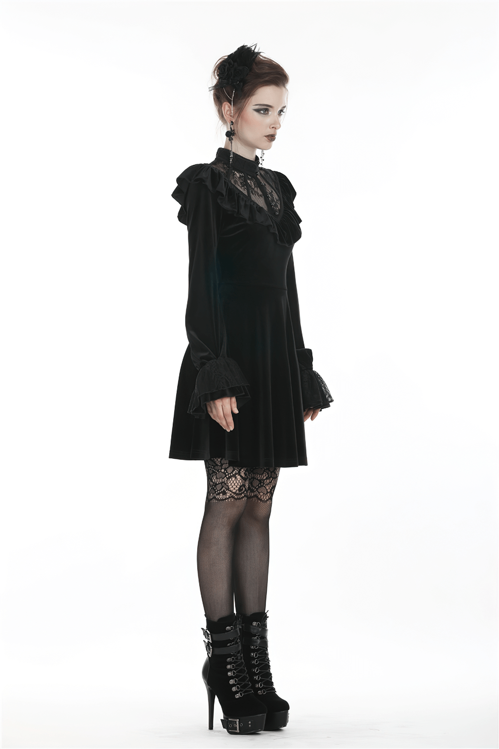 Gothic Velvet Mini Dress with Lace Collar and Long Sleeves - image 12