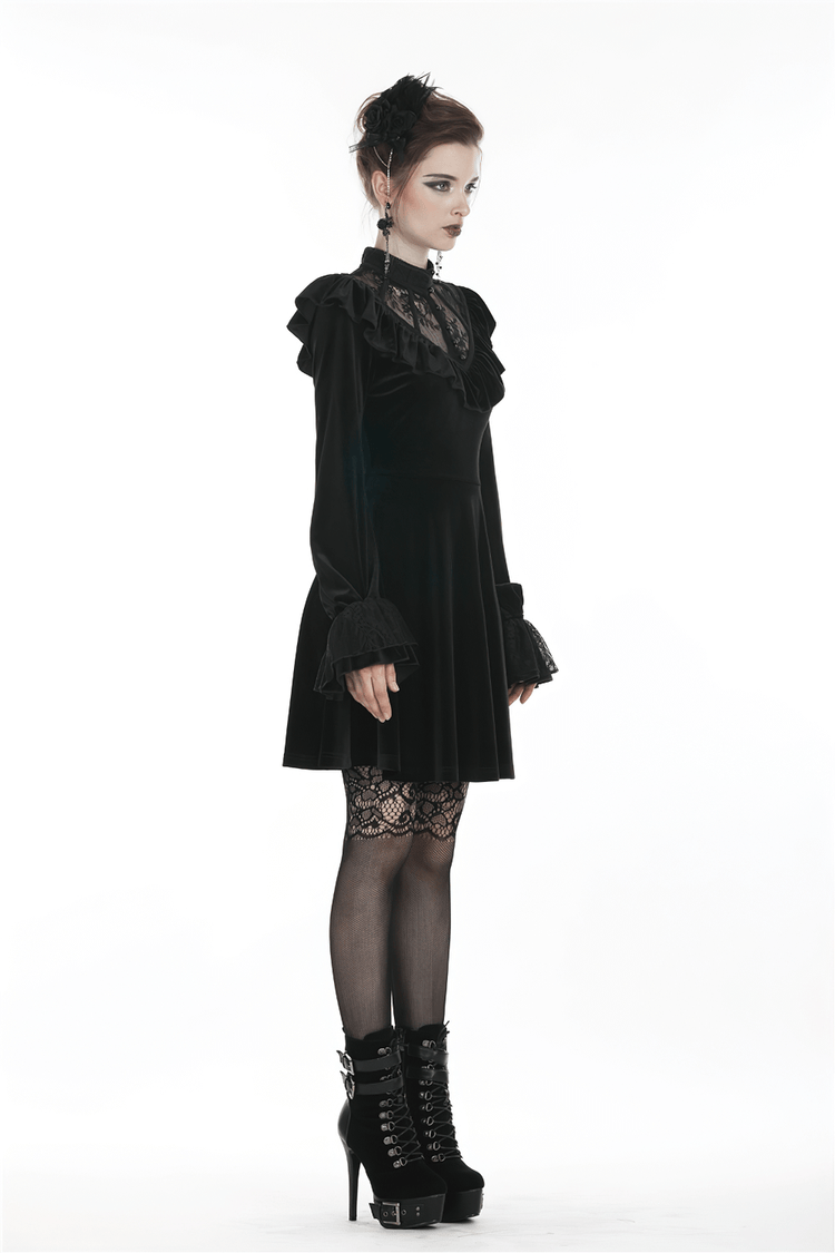 Gothic Velvet Mini Dress with Lace Collar and Long Sleeves - image 12