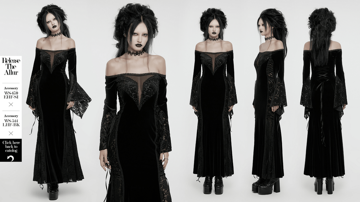 Gothic Velvet Off-Shoulder Dress with Floral Mesh Lace - image 14