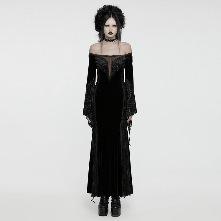 Gothic Velvet Off-Shoulder Dress with Floral Mesh Lace - image 12