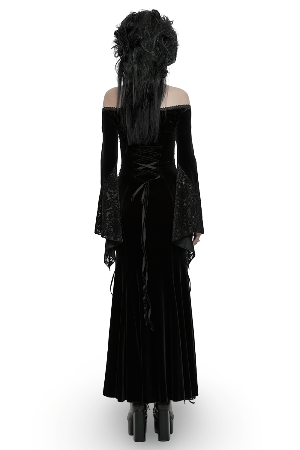 Gothic Velvet Off-Shoulder Dress with Floral Mesh Lace - image 2