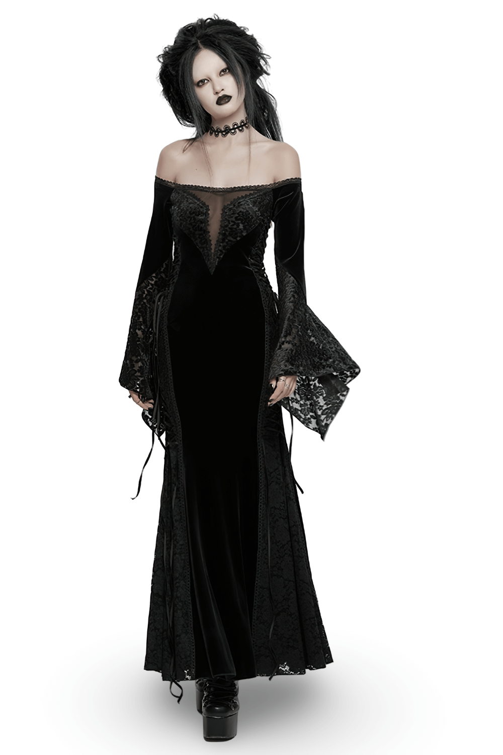 Gothic Velvet Off-Shoulder Dress with Floral Mesh Lace - image 1