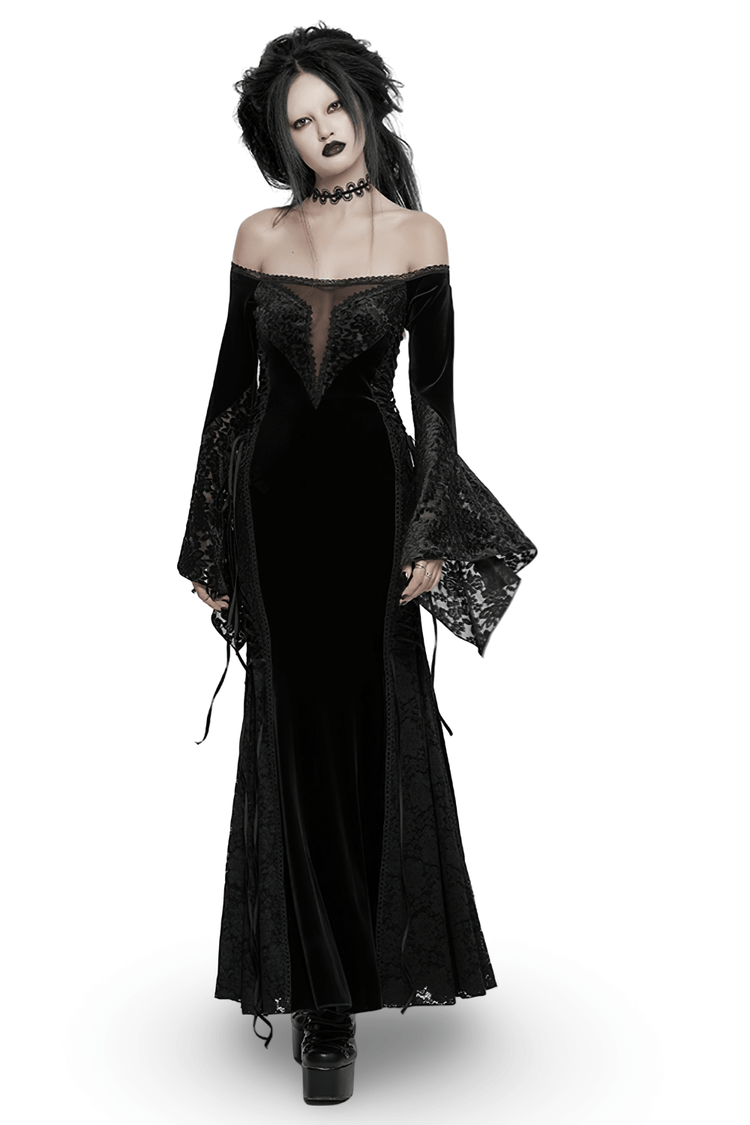 Gothic Velvet Off-Shoulder Dress with Floral Mesh Lace - image 1