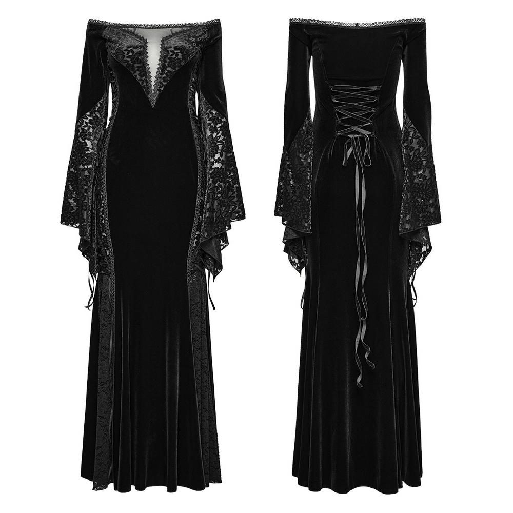 Gothic Velvet Off-Shoulder Dress with Floral Mesh Lace - image 3