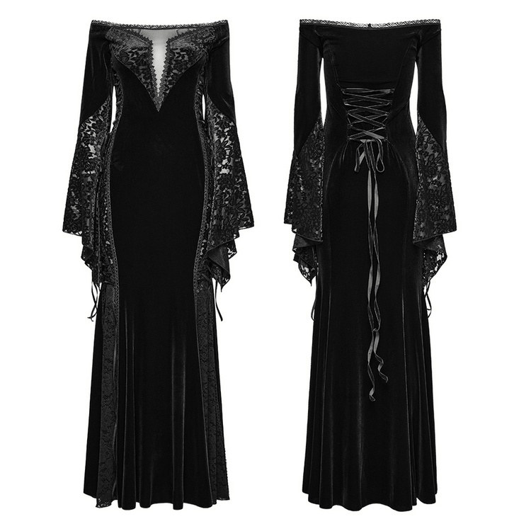 Gothic Velvet Off-Shoulder Dress with Floral Mesh Lace - image 3