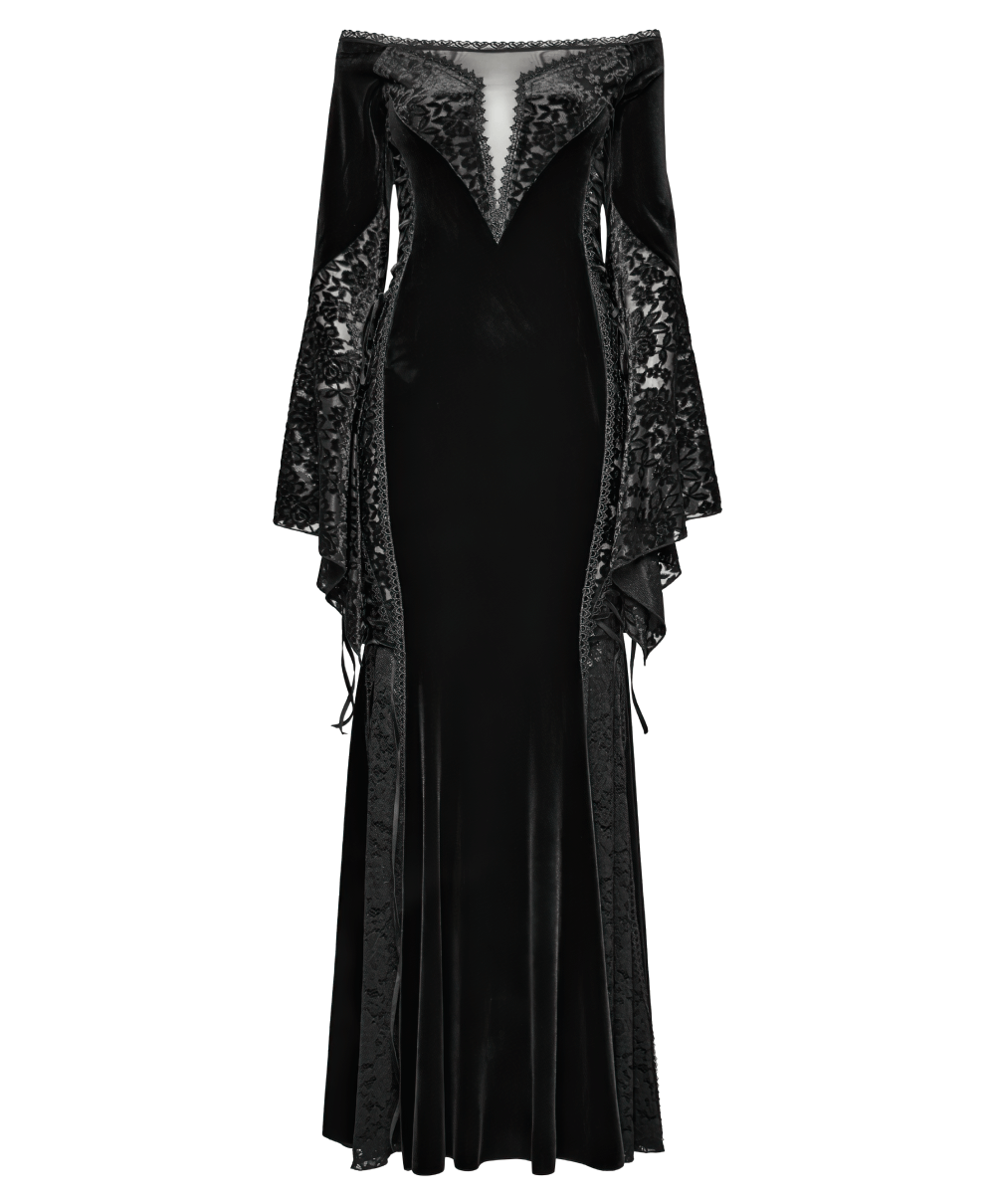 Gothic Velvet Off-Shoulder Dress with Floral Mesh Lace - image 4
