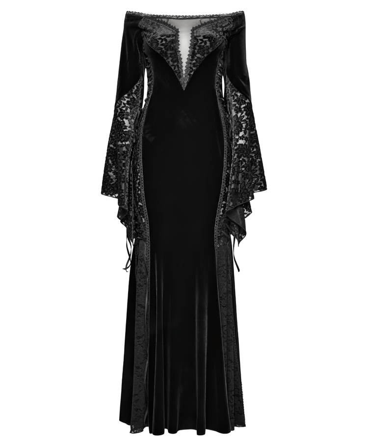 Gothic Velvet Off-Shoulder Dress with Floral Mesh Lace - image 4