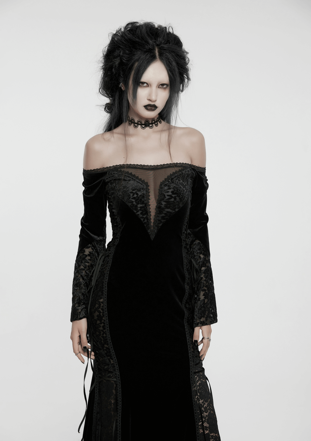 Gothic Velvet Off-Shoulder Dress with Floral Mesh Lace - image 11