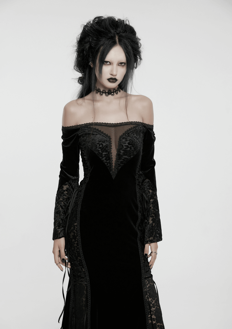 Gothic Velvet Off-Shoulder Dress with Floral Mesh Lace - image 11