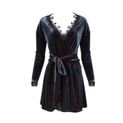 Gothic Velvet V-Neck Long Sleeve Dress / Elegant Lace Applique Dress With Belt - image 3