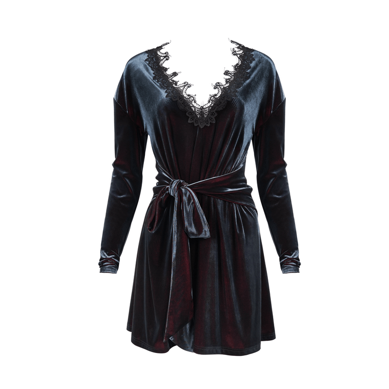 Gothic Velvet V-Neck Long Sleeve Dress / Elegant Lace Applique Dress With Belt - image 3