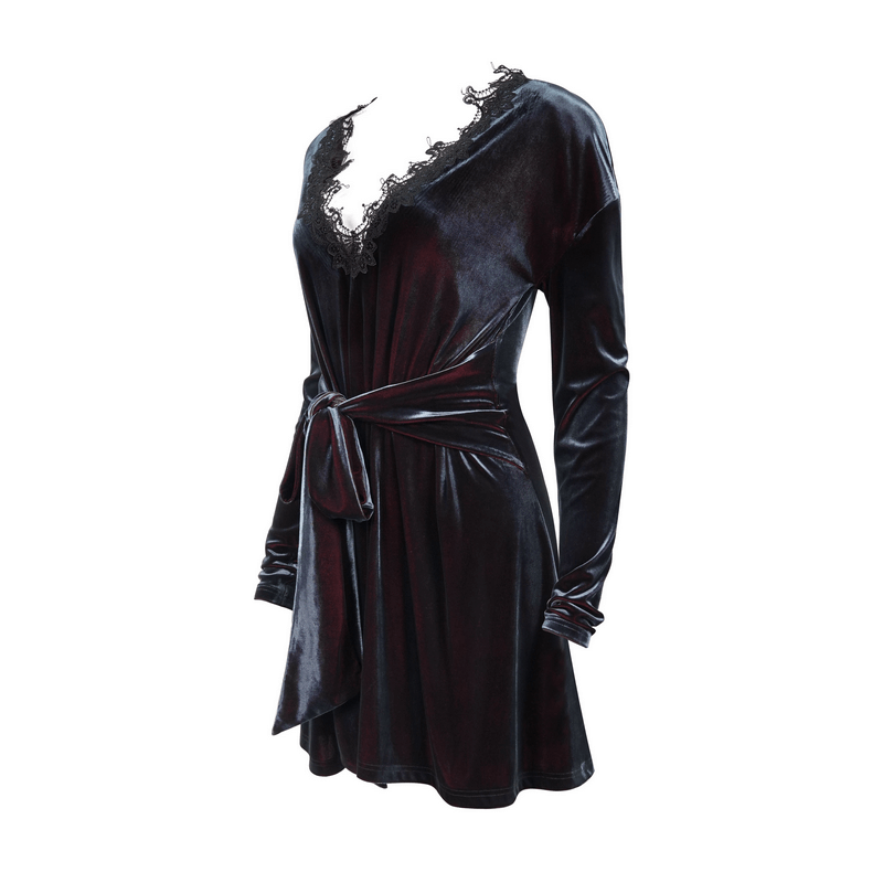 Gothic Velvet V-Neck Long Sleeve Dress / Elegant Lace Applique Dress With Belt - image 4