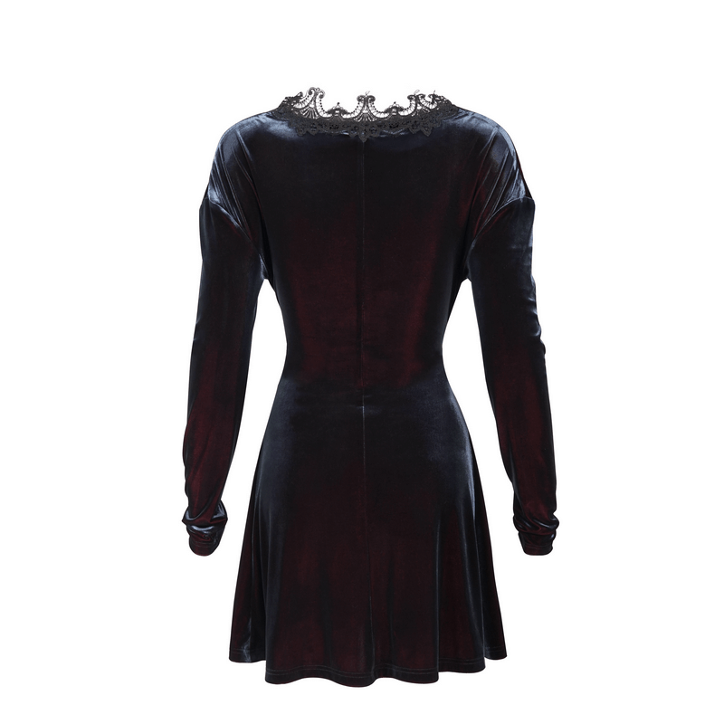 Gothic Velvet V-Neck Long Sleeve Dress / Elegant Lace Applique Dress With Belt - image 5