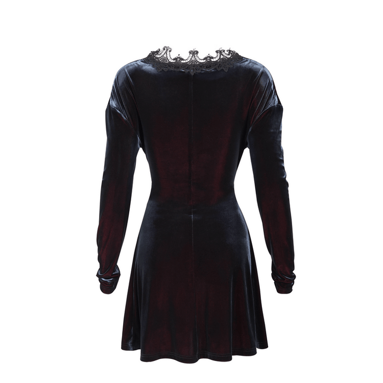 Gothic Velvet V-Neck Long Sleeve Dress / Elegant Lace Applique Dress With Belt - image 5
