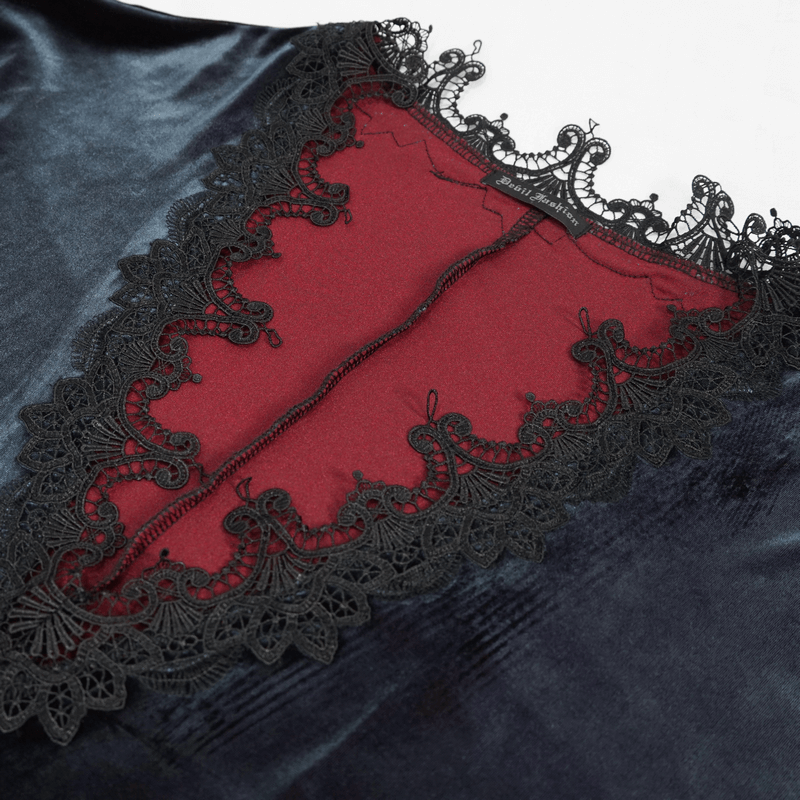 Gothic Velvet V-Neck Long Sleeve Dress / Elegant Lace Applique Dress With Belt - image 6