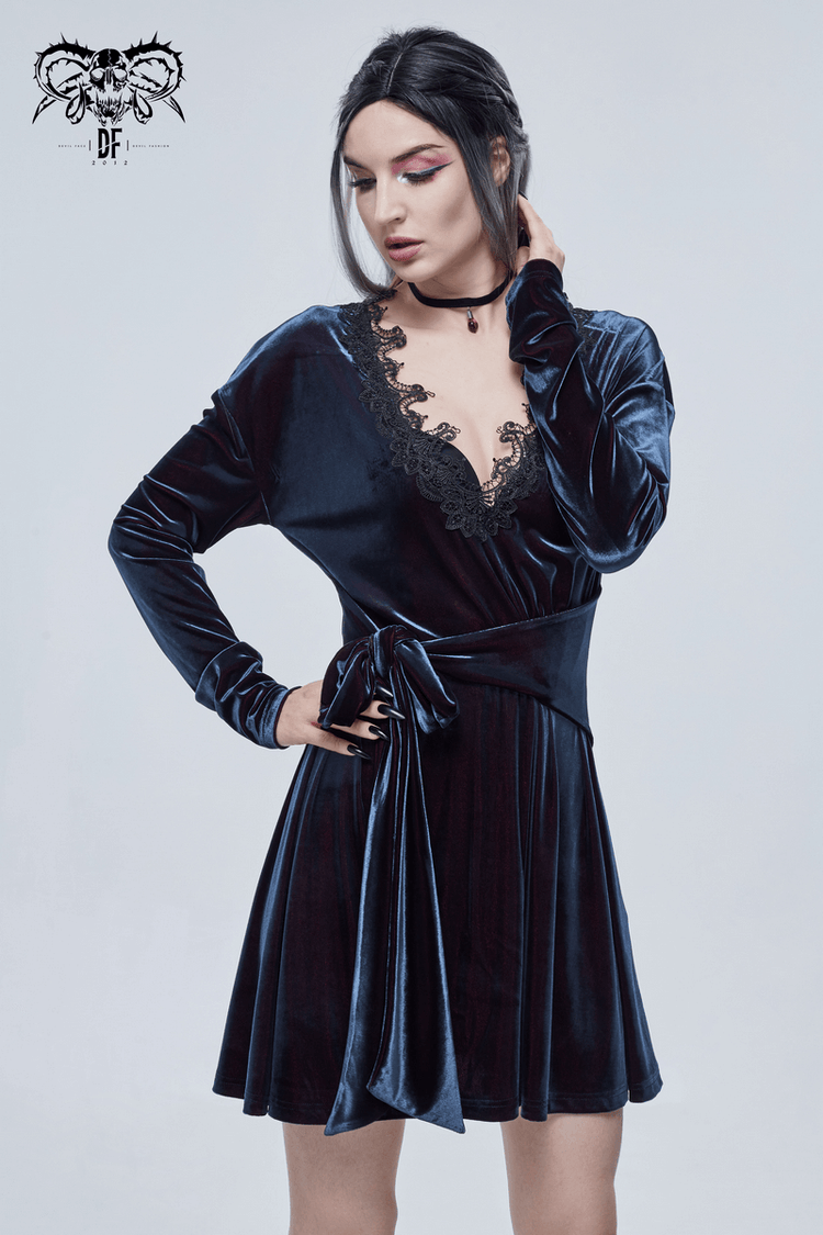 Gothic Velvet V-Neck Long Sleeve Dress / Elegant Lace Applique Dress With Belt - image 10