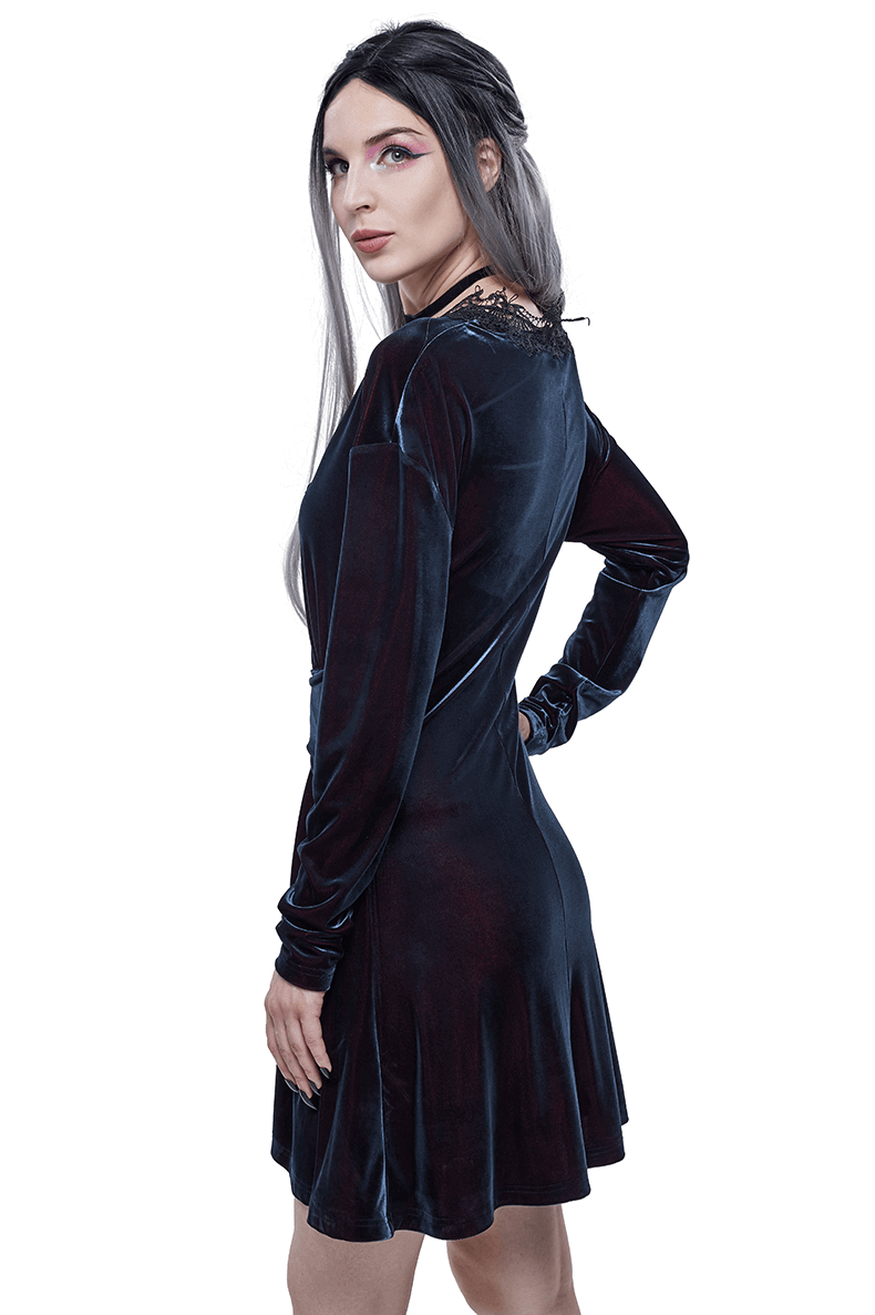 Gothic Velvet V-Neck Long Sleeve Dress / Elegant Lace Applique Dress With Belt - image 2