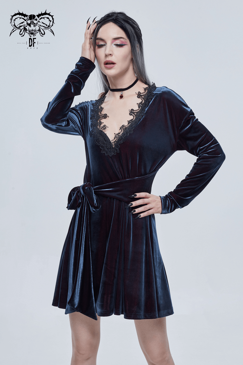 Gothic Velvet V-Neck Long Sleeve Dress / Elegant Lace Applique Dress With Belt - image 9