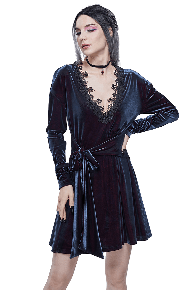 Gothic Velvet V-Neck Long Sleeve Dress / Elegant Lace Applique Dress With Belt - image 1