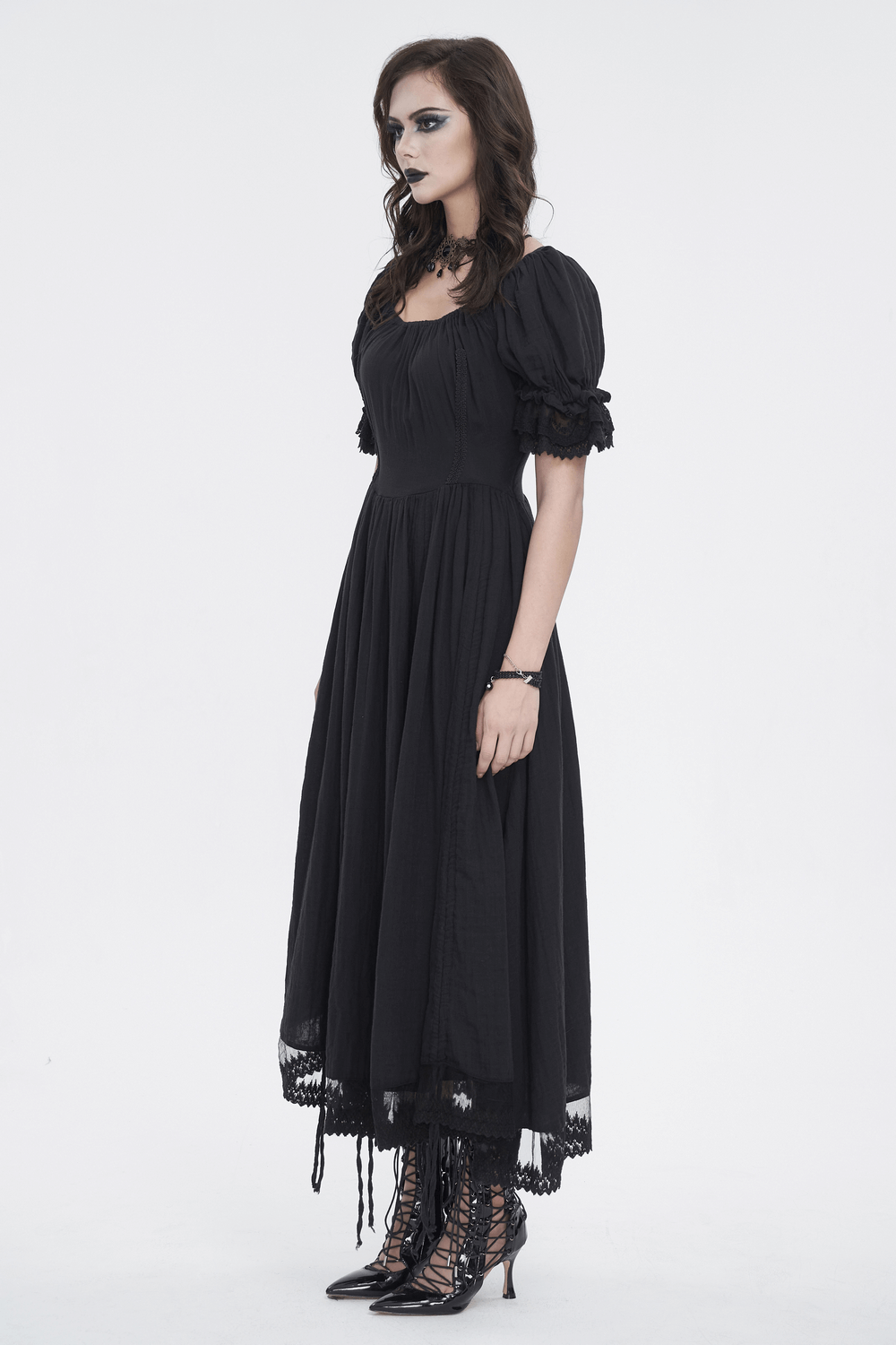 Gothic Victorian Lace-Up Dress with Puff Sleeves - image 12