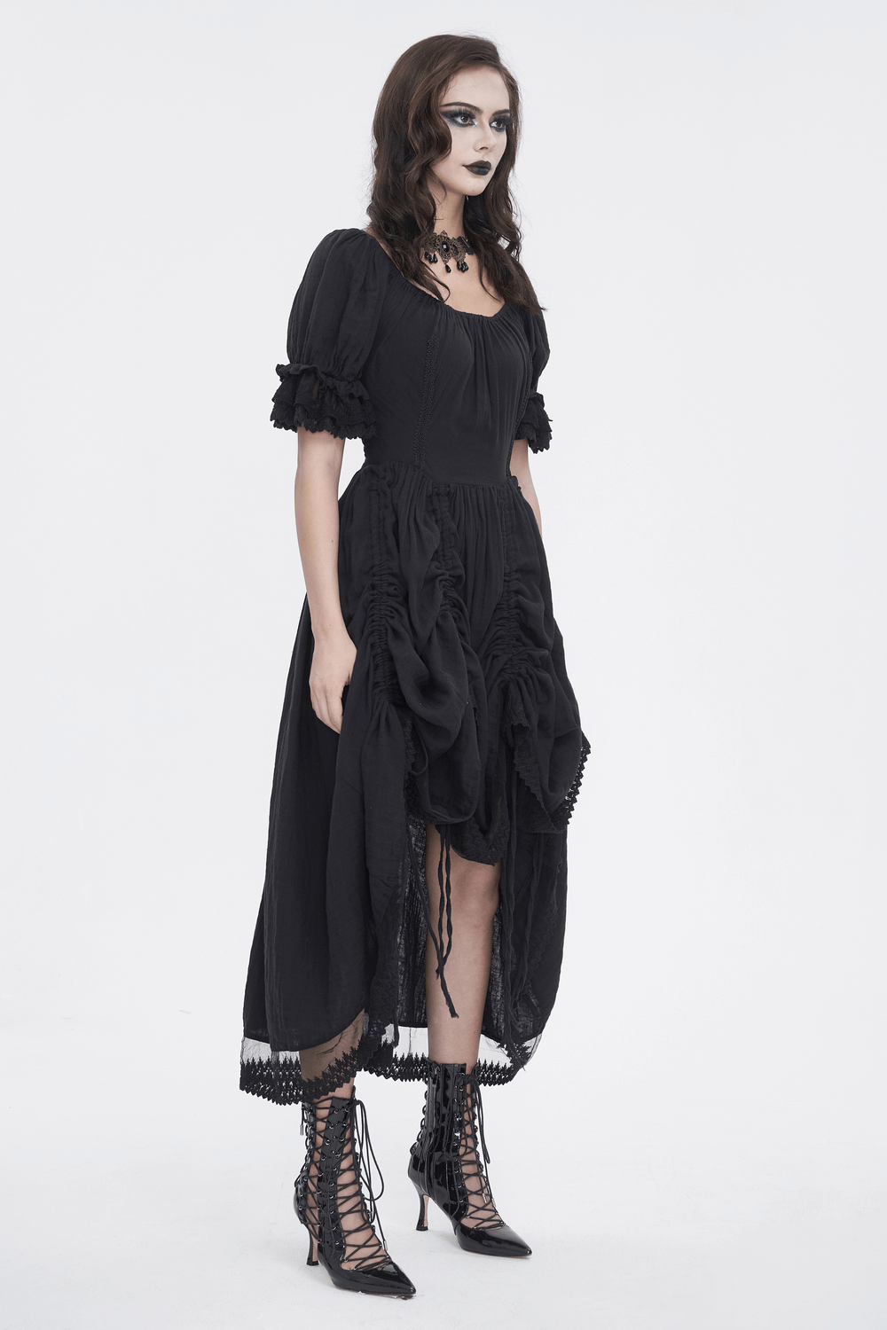 Gothic Victorian Lace-Up Dress with Puff Sleeves - image 13