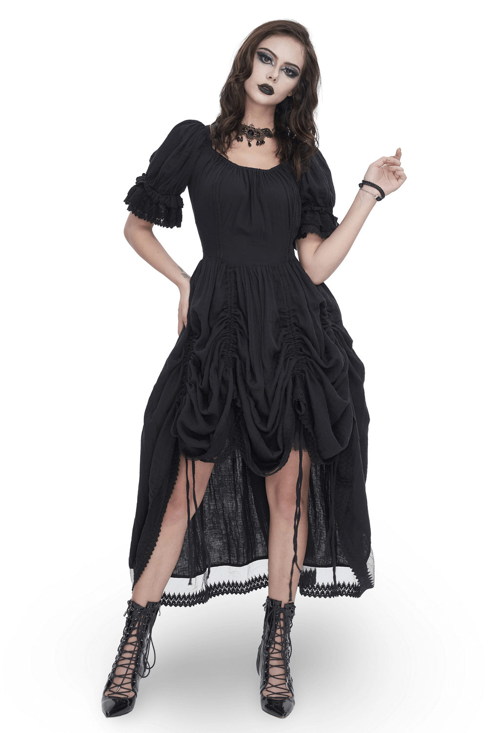 Gothic Victorian Lace-Up Dress with Puff Sleeves - image 1
